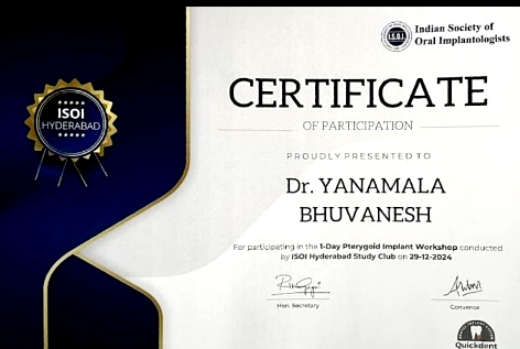 ISOI Pterygoid Implant Certificate Dr. Bhuvanesh Yanamala